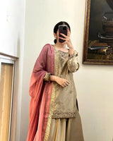 Person wearing a traditional outfit with a pink dupatta in a room.