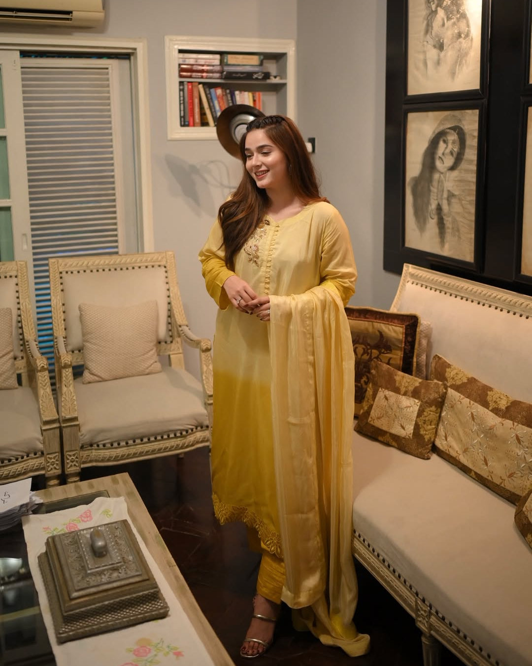 Elegant ombre gold and olive green embroidered silk dress for women  premium stitched 3-piece suit with dupatta, festive wear by Abgeen.