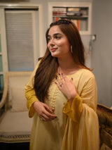 Elegant ombre gold and olive green embroidered silk dress for women  premium stitched 3-piece suit with dupatta, festive wear by Abgeen.