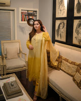 Elegant ombre gold and olive green embroidered silk dress for women  premium stitched 3-piece suit with dupatta, festive wear by Abgeen.